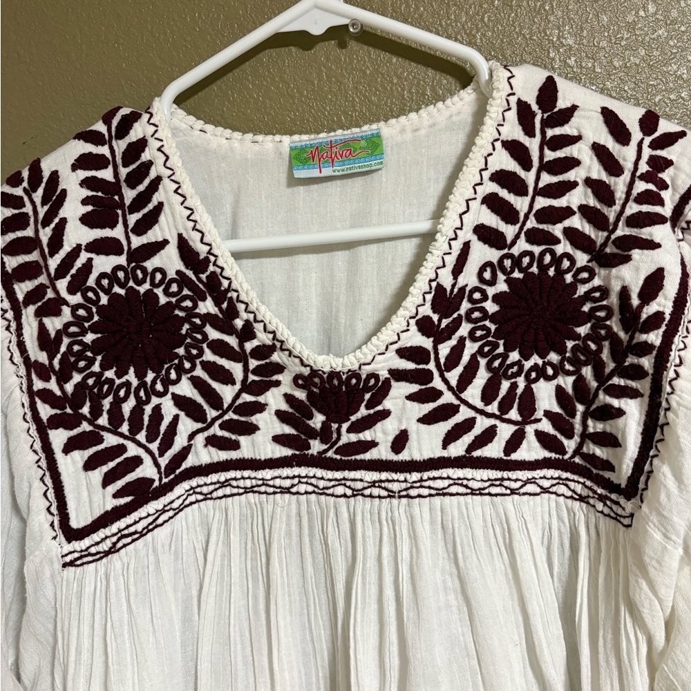 Embroidered White Peasant Blouse with Burgundy Accents - Picture 4 of 7
